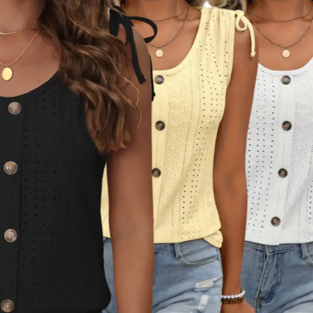 Eyelet Button Front Tank Top, Casual Sleeveless Tank Top For Summer, Women's Clothing Set Set1 - Shop at LoveMi