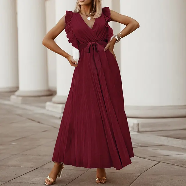 Women's Summer Maxi Dresses Elegant V Neck Ruffled Sleeves Empire Waist Pleated Flowy Wedding Guest Dress Red - Shop at LoveMi