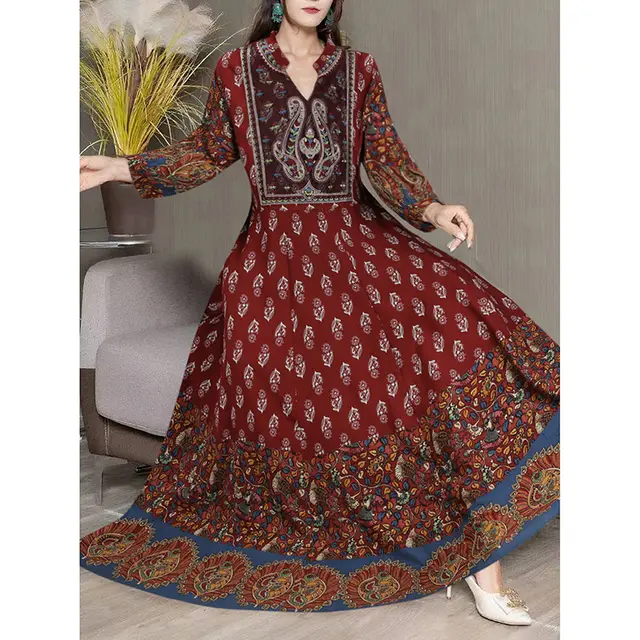 Women's Bohemian 3 4 Sleeve Floral Swing Dress Ethnic Embroidery Notched Neck Big Swing Dress Wine Red - Shop at LoveMi