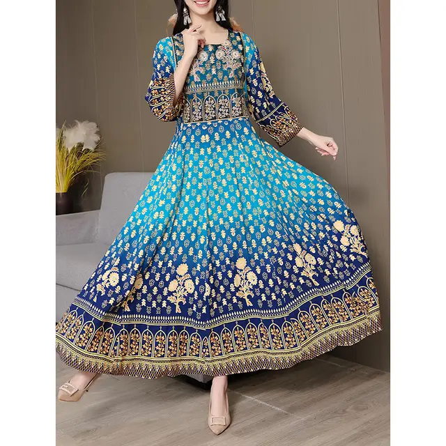 Women's Bohemian Chic Maxi Dress, Ethnic Style Embroidered Square Neck 3 4 Sleeve Flowy Party Dress Blue - Shop at LoveMi