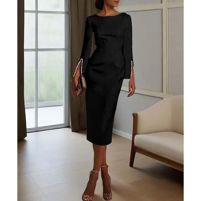 Women's Elegant Pearl Accent Bodycon Midi Dress With Sleeve Split & Back Zipper, Formal Cocktail Party Club Dress Black - Shop at LoveMi