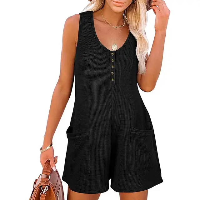 Women's Button Front Romper Jumpsuit With Pockets Casual Solid Color Sleeveless Summer Jumpsuit Black - Shop at LoveMi