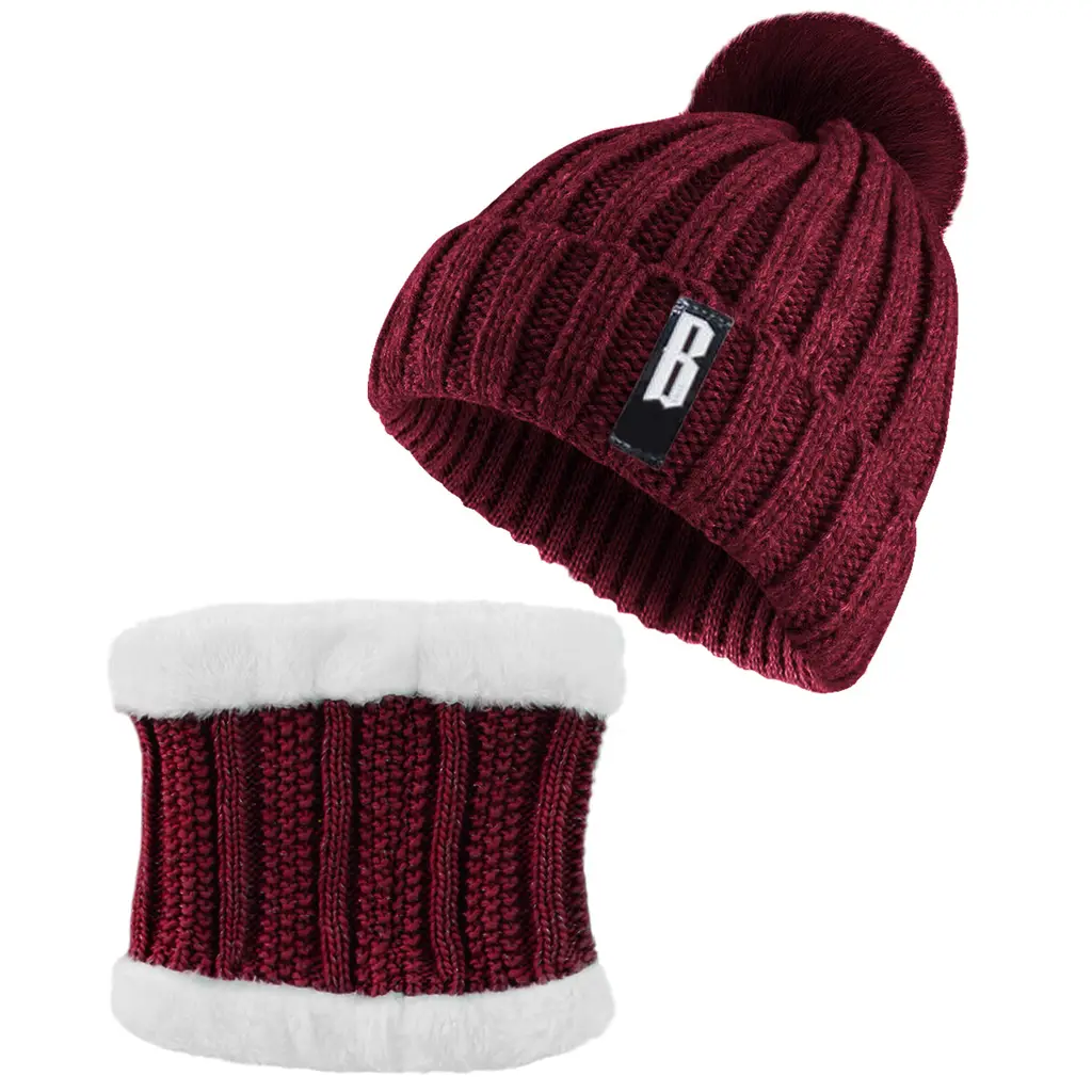 Winter Beanie Hat Scarf Set Women Warm Knitting Skull Cap Neck Warmer For Walking Running Hiking Camping Outdoors Gift - Red