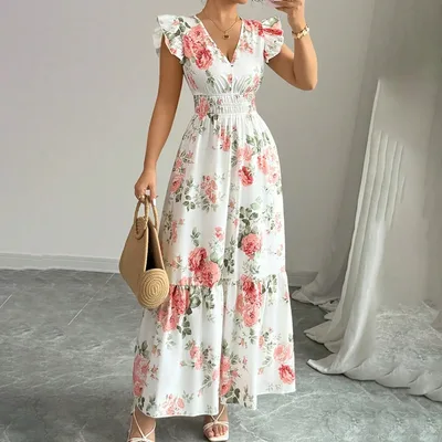 Womens Casual Summer Maxi Dress Flutter Short Sleeve V Neck Smocked A Line Flowy Beach Vacation Long Dresses Floral - Shop at LoveMi