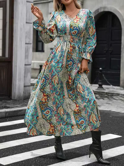 Women's V Neck Retro Geometric Print Flounce Sleeve Dress A Line Maxi Dress With Smocked Waist For Spring&Summer Flower Color - Shop at LoveMi