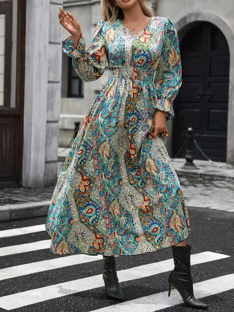 Women's V-Neck Retro Geometric Print Flounce Sleeve Dress - A-Line Maxi Dress With Smocked Waist For Spring&Summer - Flower Colour