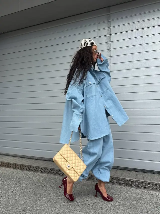 Light Blue Denim Oversized Shirt And Baggy Pants Set Blue - Shop at LoveMi