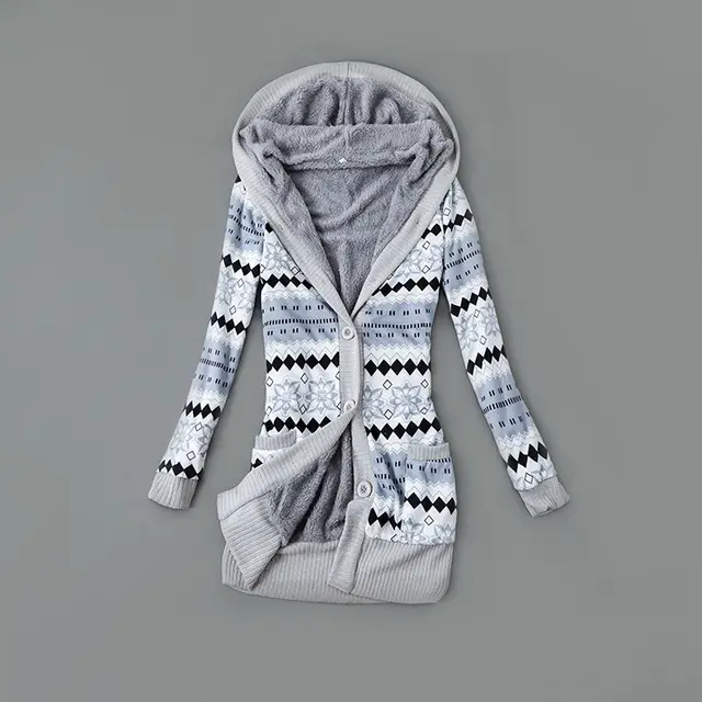 Autumn And Winter Jacket Printed Hooded Wool Liner Knit Midi Length Blue - Shop at LoveMi