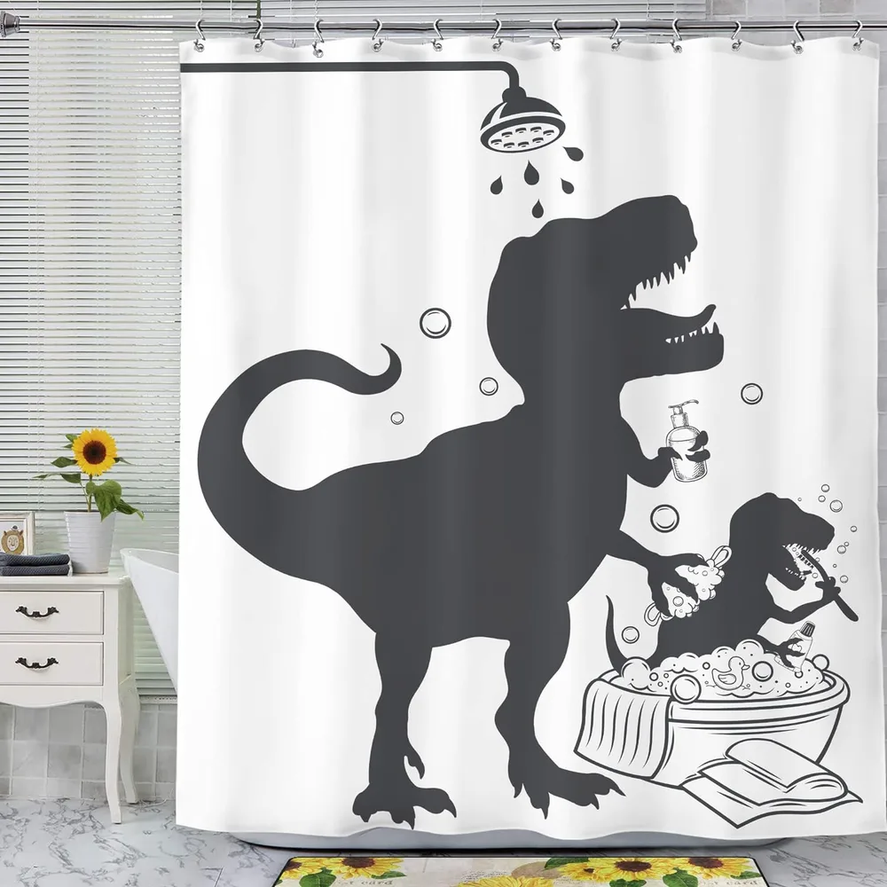 Dinosaur Bath Silhouette Printed Shower Curtain, Waterproof Bathroom Shower Curtain With Hooks, Bathroom Accessories, Room Decor - Black200 - View 1