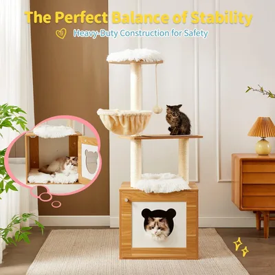 Solid Wood Cat Tree And Tower With Litter Box, Cat Scratching Board And Hammock For Indoor Large Cats Litter Box Enclosure - Shop at LoveMi