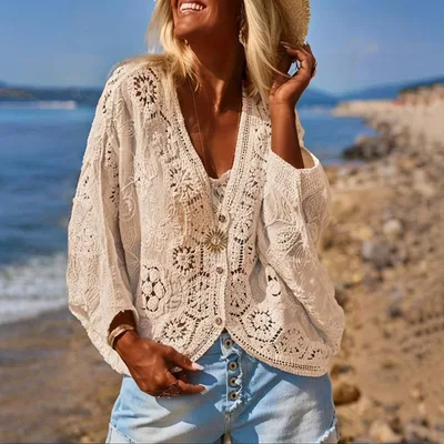 Women's V Neck Button Up Lace Cardigan Semi Sheer Geometric Pattern Mid Long Sleeve Lightweight Beach Spring&Summer Fashion Apricot - Shop at LoveMi
