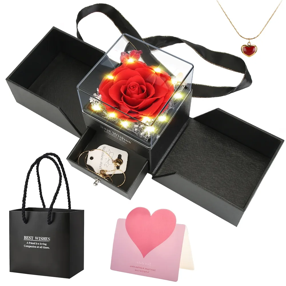 Preserved Red Real Rose With Heart Necklace Eternal Flowers Rose With Golden Necklace Gifts For Women Mom Wife Girlfriend Grandma On Valentine Moth... Gold And Red - Shop at LoveMi