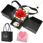 Preserved Red Real Rose With Heart Necklace Eternal Flowers Rose With Golden Necklace Gifts For Women Mom Wife Girlfriend Grandma On Valentine Moth...