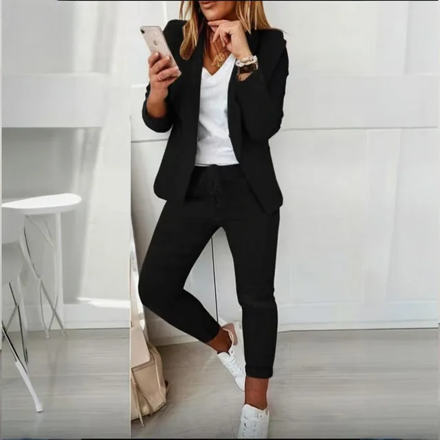 Women's Solid Color Long Sleeve Suit Set Stylish Notch Lapel Blazer With Pockets & Drawstring Waist Pants, Spring&Fall Business Casual Outfit B... Black - Shop at LoveMi