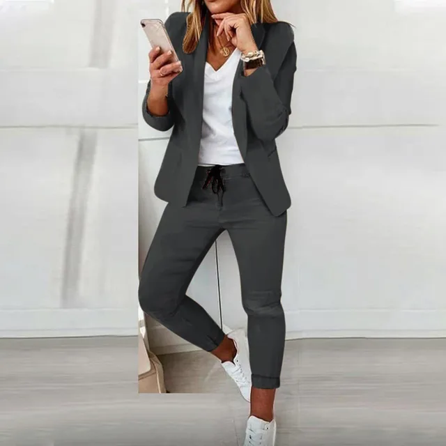Women's Solid Color Long Sleeve Suit Set Stylish Notch Lapel Blazer With Pockets & Drawstring Waist Pants, Spring&Fall Business Casual Outfit Dark Gray - Shop at LoveMi