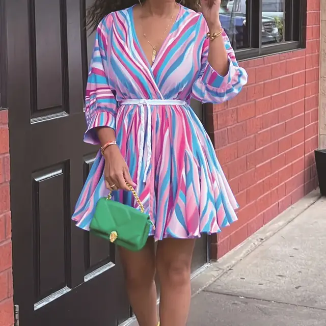 Women's V Neck Rainbow Stripe Short Dress Three Quarters Sleeve Casual Summer Sundress With Tie Waist Blue - Shop at LoveMi