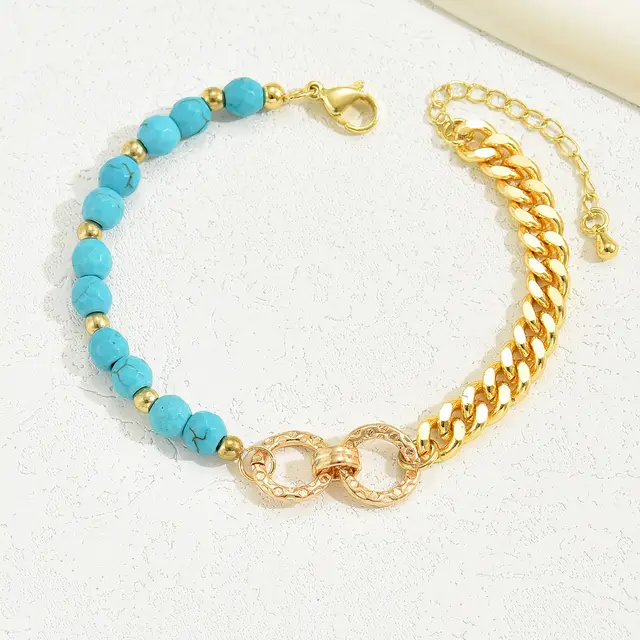 A Creative And Luxurious Instagram Style Double Ring Turquoise Multi Chain Mixed Bead Bracelet For Women's Vacation And Date Gifts 1Piece - Shop at LoveMi