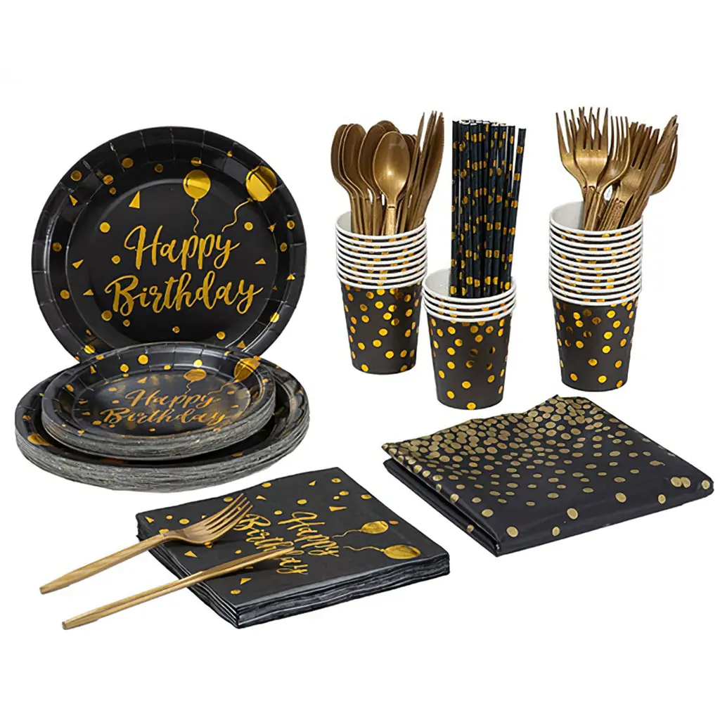 Black Gold Birthday Party Supplies For 25 Guests Happy Birthday Disposable Dinnerware Set Paper Plates 9OZ Cups Straws Napkins Forks Knives Spoons ...