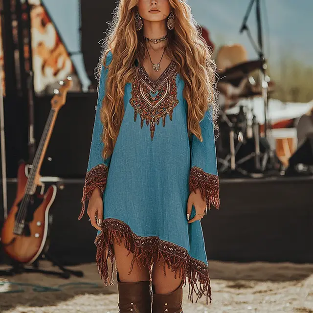 Women's V Neck Retro Print Long Sleeve With Fringe Detail & Asymmetrical Hem Boho Chic Spring&Summer Dress Blue - Shop at LoveMi