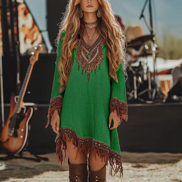 Women's V Neck Retro Print Long Sleeve With Fringe Detail & Asymmetrical Hem Boho Chic Spring&Summer Dress Green - Shop at LoveMi