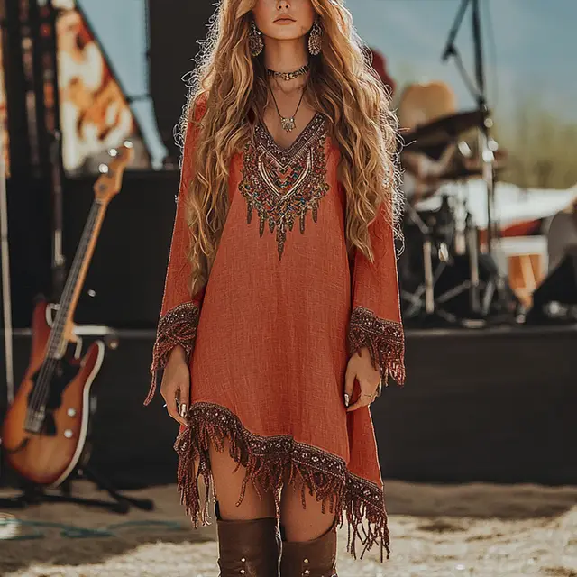 Women's V Neck Retro Print Long Sleeve With Fringe Detail & Asymmetrical Hem Boho Chic Spring&Summer Dress Red - Shop at LoveMi