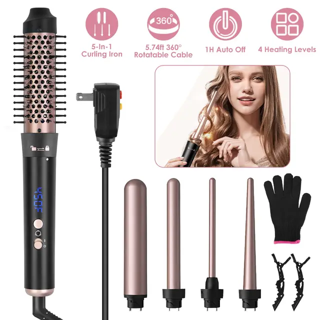 2 Type Options 5 In 1 Curling Wand Hair Curling Iron Brush Anti Tangle Hair Thermal Brush Curler With 4 Heating Levels 360 Degree Rotatable Cable... Withleakageprotect - Shop at LoveMi