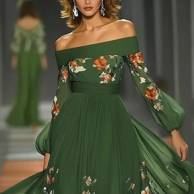 Women's Green Off Shoulder Floral Print Dress With Puff Sleeves Flowy A Line Maxi Evening Dress Green - Shop at LoveMi