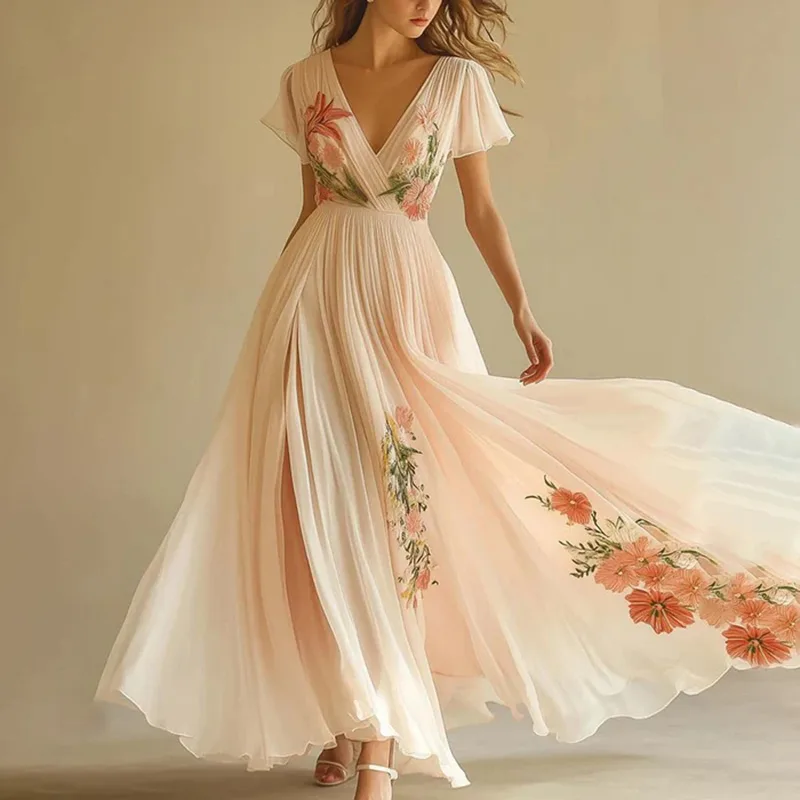 Women's Floral Print V Neck Pleated Chiffon Dress Flutter Short Sleeve Maxi Flowy Beach Wedding Guest Dresses - Pink