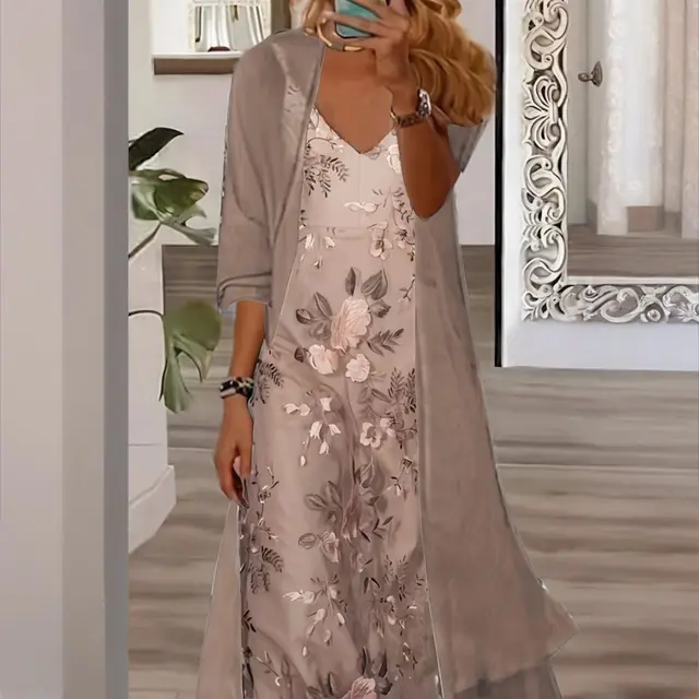 Women's V Neck Floral Print Slip Dress & Long Sleeve Cover Up Set Boho Chic Summer Outfit Warm Gray - Shop at LoveMi
