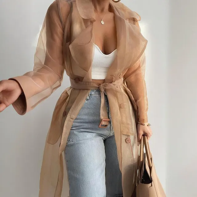 Women's Solid Color Half Sheer Long Sleeve Cardigan With Buttons & Belt Lightweight Cover Up For Summer Khaki - Shop at LoveMi