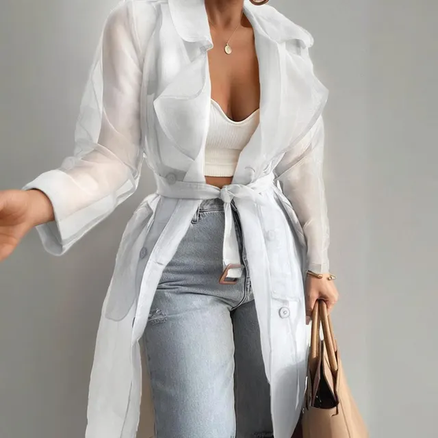 Women's Solid Color Half Sheer Long Sleeve Cardigan With Buttons & Belt Lightweight Cover Up For Summer White - Shop at LoveMi