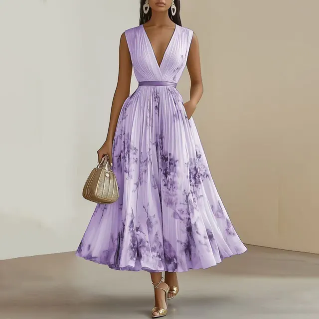 Women's Deep V Neck Floral Print Sleeveless Maxi Dress With Pockets Flowy Ruffle Hem Summer Beach Dress Purple - Shop at LoveMi