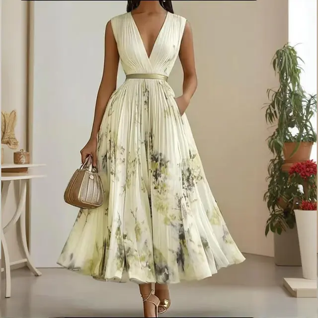 Women's Deep V Neck Floral Print Sleeveless Maxi Dress With Pockets Flowy Ruffle Hem Summer Beach Dress Yellow - Shop at LoveMi