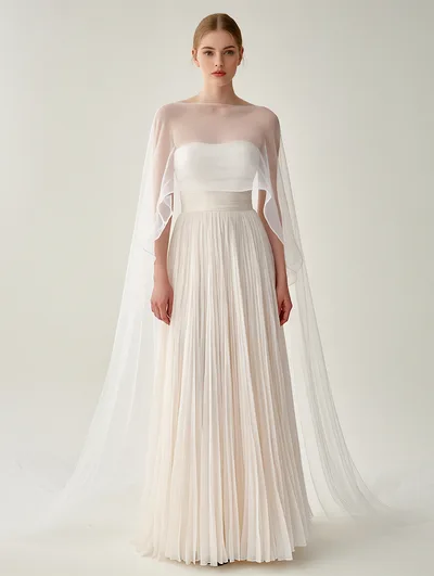 Elegant White Pleated Gown With Sheer Cape Overlay As Picture S - Shop at LoveMi