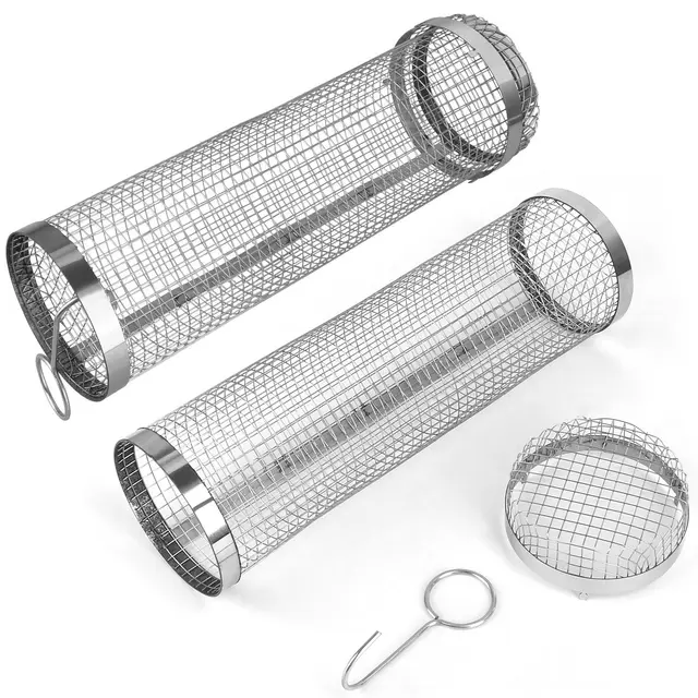 3.42x11.61Inch Portable BBQ Rolling Basket Round Stainless Steel Grill Mesh Barbecue Net Tube With Removable Cover Outdoor Camping 2Pcs - Shop at LoveMi