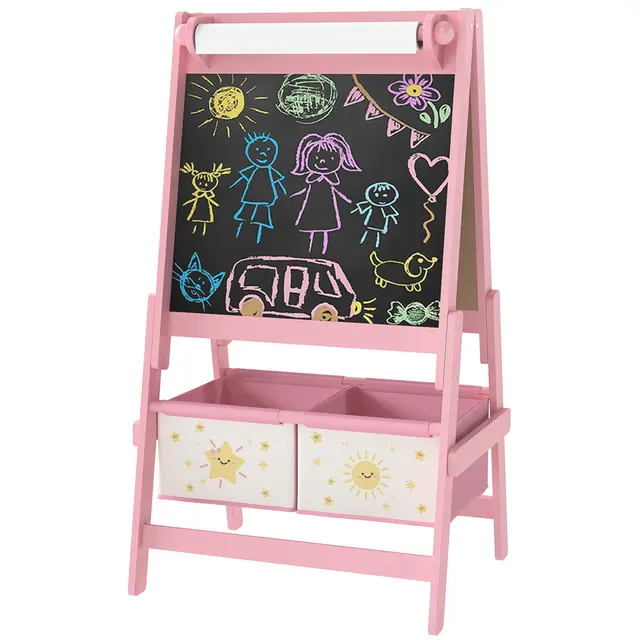 Art Easel , Double Sided Whiteboard & Chalkboard With Paper Roll, Storage Baskets , Pink Pink - Shop at LoveMi