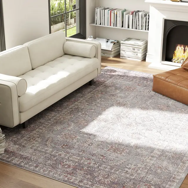 Machine Washable Area Rug 8x10, Non Slip Traditional Flower Print Floor Carpet For Living Room, Bedroom, Grey And Brown Brown - Shop at LoveMi