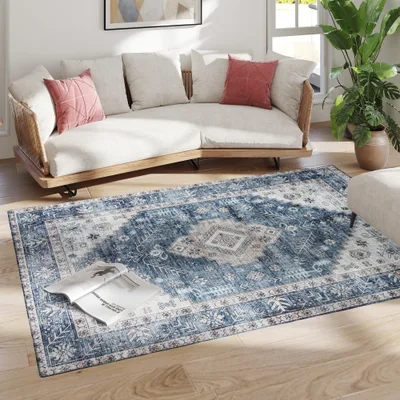 5x7 Area Rug, Vintage Washable Rug, Non Slip Floor Carpet For Living Room, Bedroom, Dining Room, Blue Blue - Shop at LoveMi