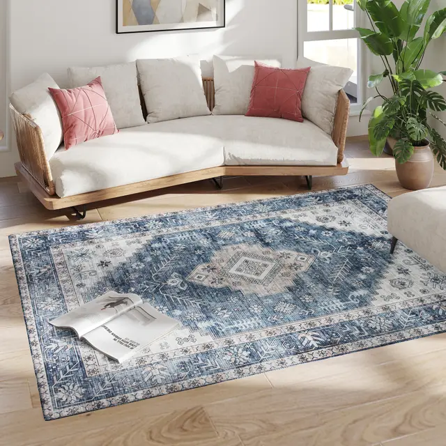 5x7 Area Rug, Vintage Washable Rug, Non Slip Floor Carpet For Living Room, Bedroom, Dining Room, Blue Blue - Shop at LoveMi