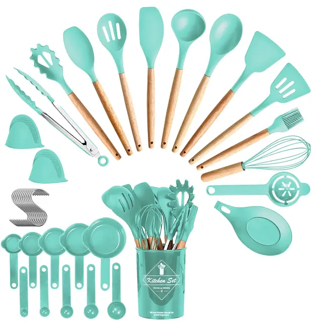 4 Colors Options Set Of Kitchen Cooking Utensils Set Spatula Set Baking Utensil Set Kitchen Accessories Necessities With Holder Egg Whisk Separa... Green - Shop at LoveMi