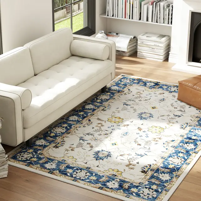 Machine Washable Area Rug 5x7, Non Slip Boho Floral Print Floor Carpet For Living Room, Bedroom, Dining Room, Blue Blue - Shop at LoveMi