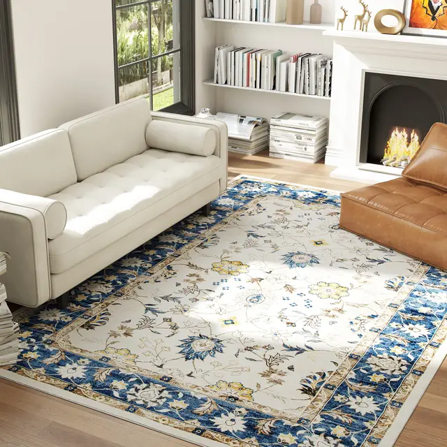 Machine Washable Area Rug 8x10, Non Slip Boho Floral Print Floor Carpet For Living Room, Bedroom, Dining Room, Blue Blue - Shop at LoveMi