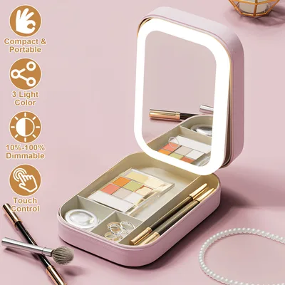 Portable Travel Makeup Bag With LED Mirror Rechargeable Beauty Mirror With 3 Color Light Dimmable Brightness Waterproof Cosmetic Bag With 4 Compart... Pink - Shop at LoveMi