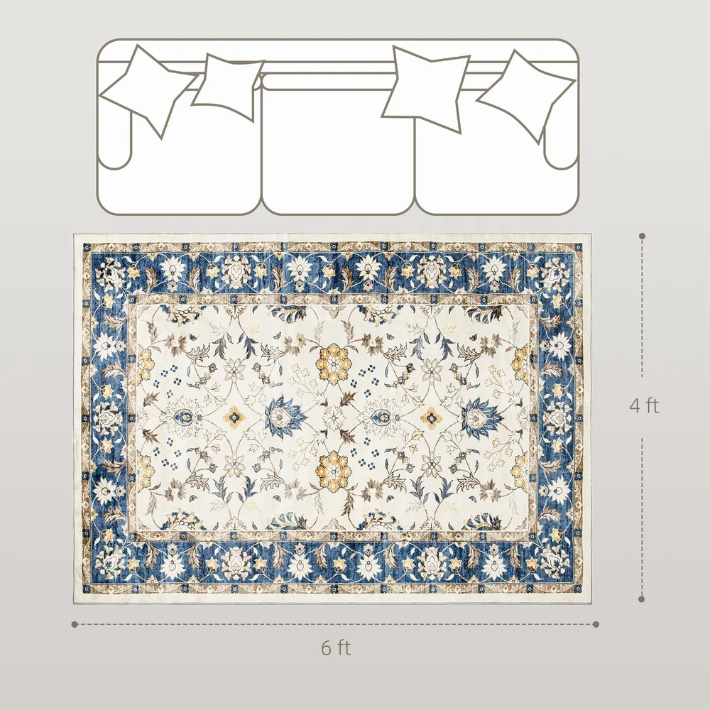 Machine Washable Area Rug 4x6, Non Slip Boho Floral Print Floor Carpet For Living Room, Bedroom, Dining Room, Blue Blue - Shop at LoveMi