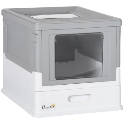 PawHut Hooded Cat Litter Box, Portable Pet Toilet, With Scoop, Front Entry Grey Grey - Shop at LoveMi