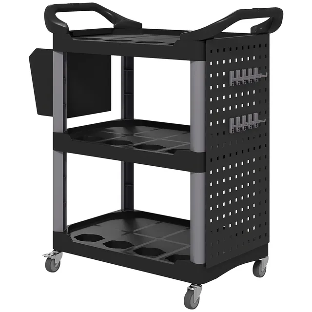 3 Tier Rolling Tool Cart, 200 LBS Capacity Plastic Utility Cart With Side Shelf And Storage Bucket, Black Black - Shop at LoveMi