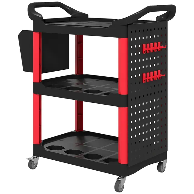 3 Tier Rolling Tool Cart, 200 LBS Capacity Plastic Utility Cart With Side Shelf And Storage Bucket, Black & Red Red - Shop at LoveMi