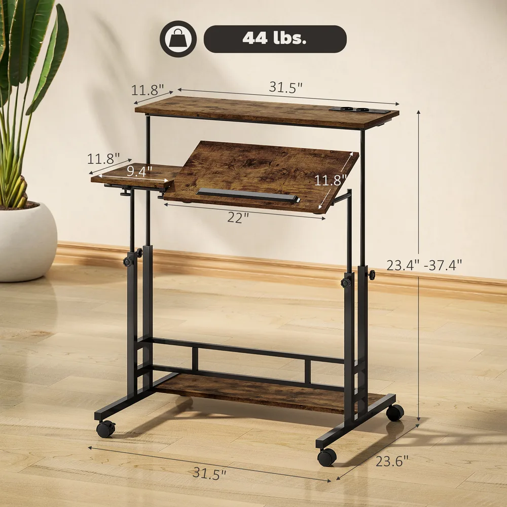 Adjustable Standing Desk With Power Outlets, Stand Up Desk With Tiltable Tabletop, Wheels, Shelf, For Home Office, Brown Brown - Shop at LoveMi