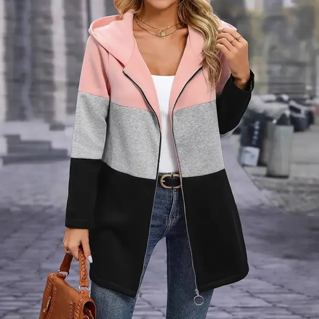 Casual And Fashionable Loose Contrast Three color Stitching Hooded Jacket For Women Pink - Shop at LoveMi