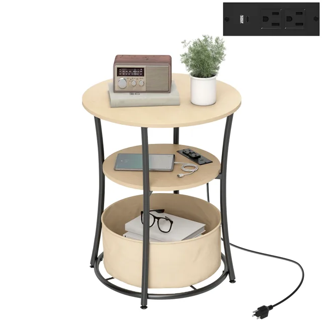 Round Side Table With Charging Station, 3 Tier End Table With Fabric Storage Bag And Shelf, Natural Wood Yellow - Shop at LoveMi